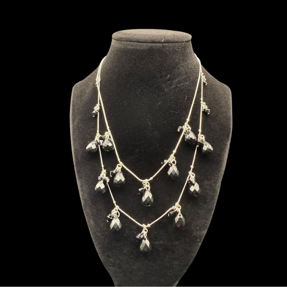 Delicate Silver tone 2 Layer Black Crystal Station Teardrop Layered Necklace